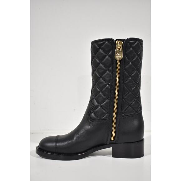 Chanel 21P Black Calfskin Leather CC Logo Quilted Zipper Mid Calf Boots 36.5 - Picture 9 of 12